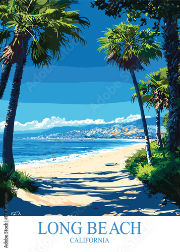 Stunning vector vista of Long Beach, California, showcasing palm tree silhouettes framing the coastline view with mountains in the distance, an idyllic scene for travel and tourism promotions