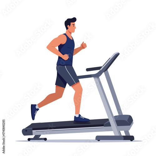 Active young man running on treadmill exercising indoors for fitness and health illustration