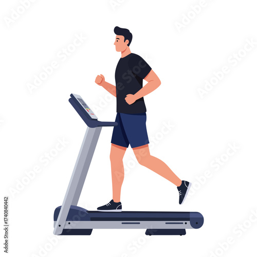 Active young man jogging on modern treadmill indoors for fitness and exercise illustration
