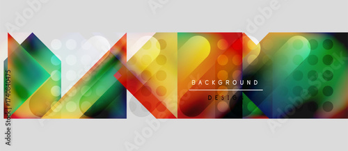 Abstract colorful geometric shapes create dynamic background. Bright hues blend, forming modern design element. Text reads background design.
