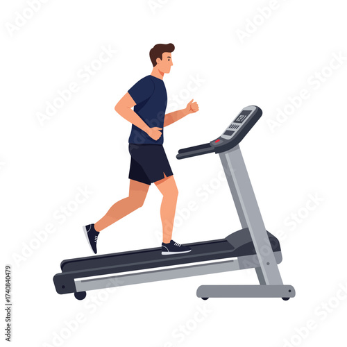 Man jogging on modern treadmill machine for indoor fitness training workout illustration