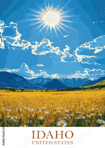 Lush vector depiction of Idaho's countryside, with golden wheat fields under a bright sun and mountainous backdrop, perfect for representing agriculture and rural tourism in the region