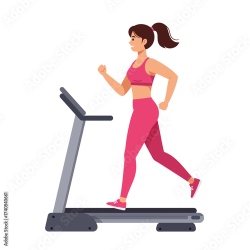 Fit woman exercising on modern treadmill machine for cardio workout and fitness illustration