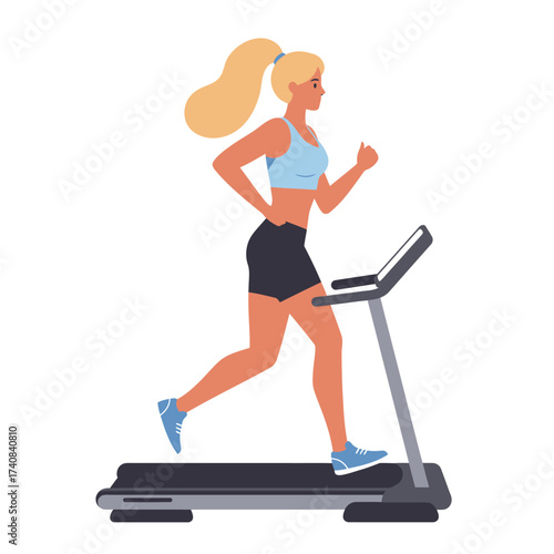 Athletic woman running on treadmill exercising for health and fitness goals illustration