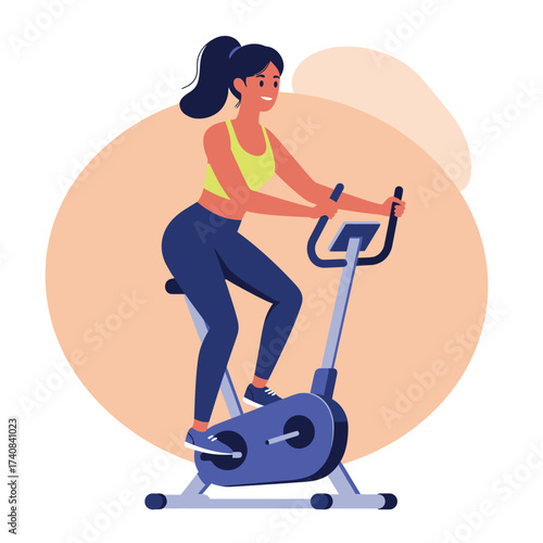 Fit woman cycling on stationary bike indoors for cardio workout and healthy lifestyle illustration