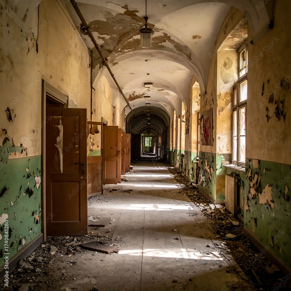 Fototapeta premium Dilapidated hallway, peeling paint, sunlight, and broken doors creating decay