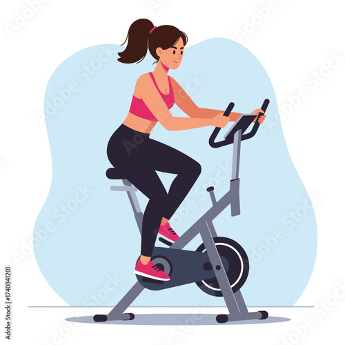 Woman riding an exercise bike indoors engaging in a healthy cardio workout illustration