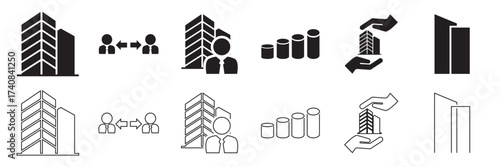 Corporate business icons set . Collection of corporate  icons showing office buildings, teamwork, meetings, business growth, and organizational structures for professional design use.
