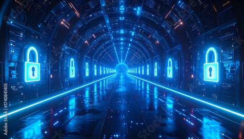 Generates a futuristic, glowing data tunnel with blue neon padlocks, symbolizing cybersecurity, encrypted data, and secure connections
