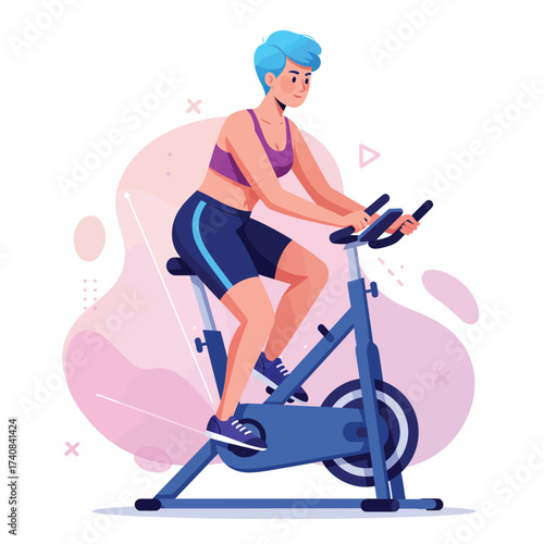 Woman riding exercise bike indoors for fitness and healthy lifestyle training illustration
