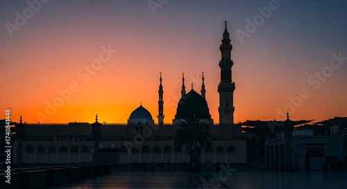 Iconic Mosque Silhouette Against Dramatic Sunset Sky - Majestic Islamic Architecture