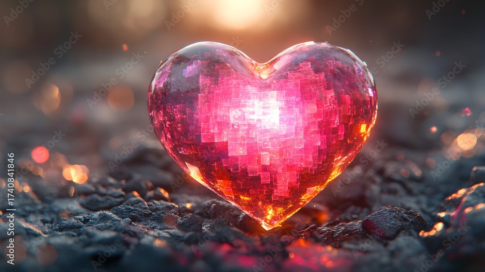 Fototapeta premium Glowing Heart Gemstone on Rocky Ground