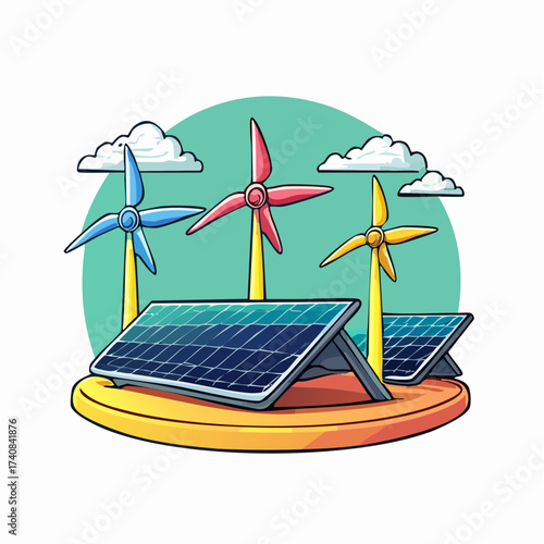 Renewable energy sources with solar panels and wind turbines