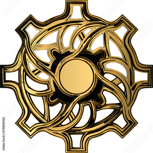 Ornate golden circular medallion with intricate interwoven patterns.