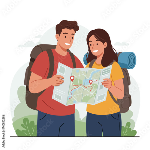 Couple with backpacks examining map planning adventure trip outdoors illustration