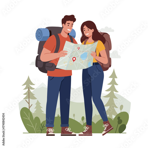 Couple hikers backpacking outdoors planning route with map adventure travel lifestyle illustration