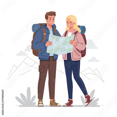 Happy couple backpackers studying a map for adventure and exploration together illustration
