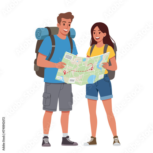 Happy couple backpacking together examining a detailed map for adventure and travel illustration