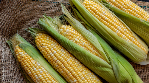 Freshly harvested corn on the cob, ready for cooking and eating.