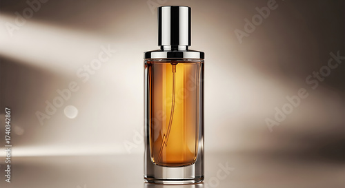 Wallpaper Mural Elegant glass perfume bottle with golden liquid and metallic cap on a reflective surface Torontodigital.ca
