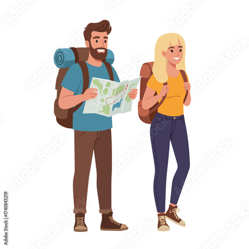 Couple hikers with backpacks holding a map exploring outdoors on an adventure journey illustration