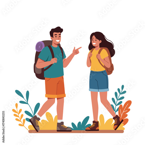 Happy diverse couple enjoying outdoor hiking adventure together backpacks scenic nature illustration