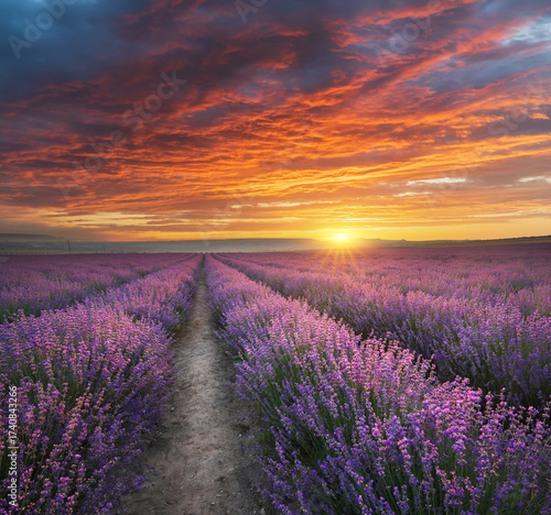 Meadow of lavender at sunrise.
