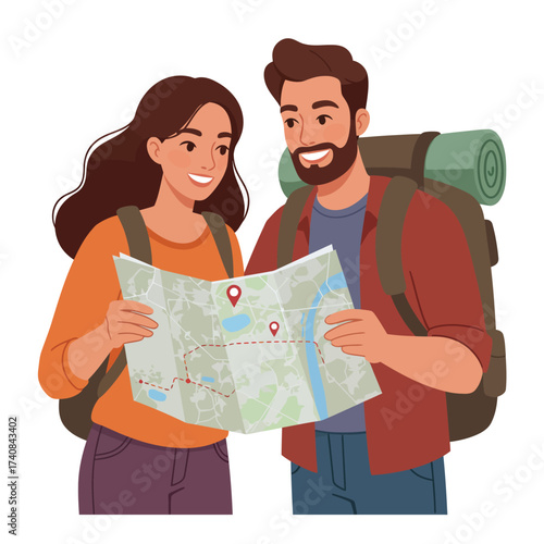 Couple backpackers consulting map planning adventure together outdoor travel exploration illustration