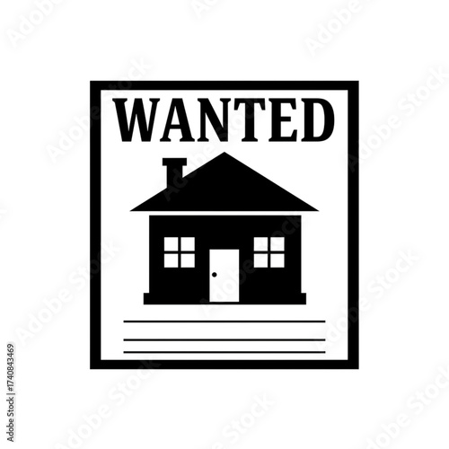 Search for your dream home with this classic wanted poster design featuring a house illustration, perfect for real estate marketing and property searches.