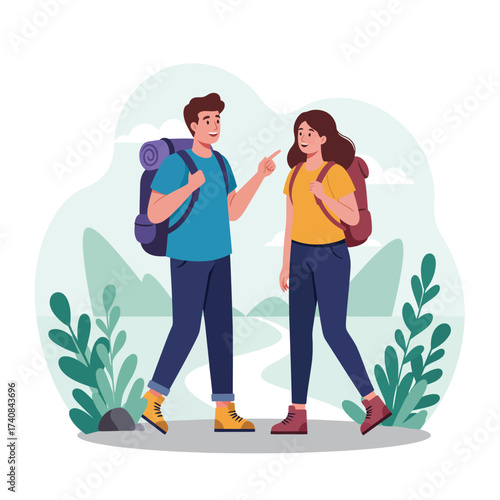 Couple backpacking adventure outdoors nature trekking enjoying scenic landscape lifestyle illustration