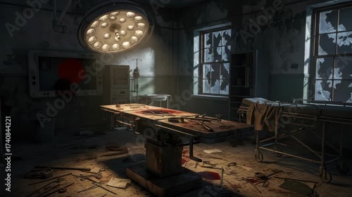 Abandoned operating room, a chilling medical scene with broken windows and surgical tools,