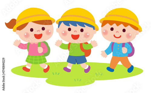 遠足で歩く子どもたちのイラスト