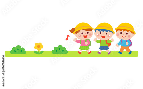 遠足で歩く子どもたちのイラスト