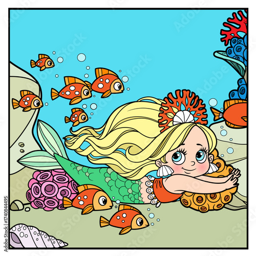 Cute little mermaid girl in coral tiara swims with a flock of fish forward isolated on white background