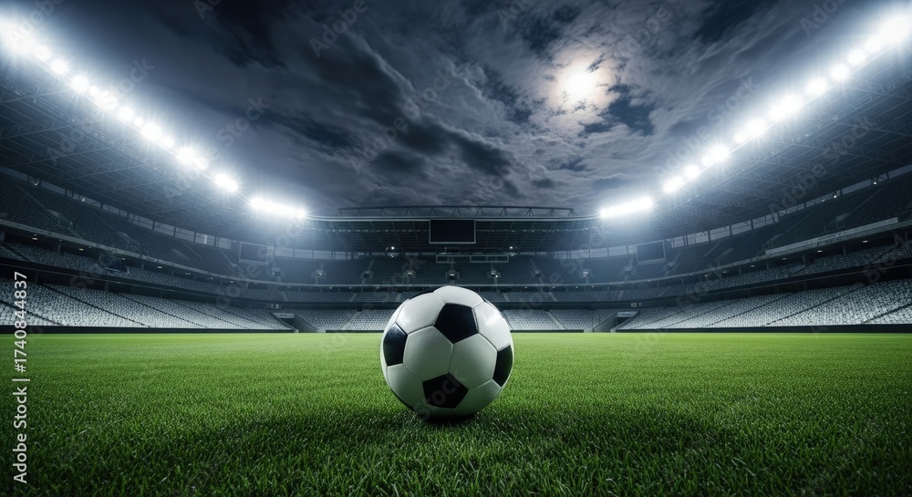 Naklejka premium A soccer ball sits on the green field of a brightly lit stadium under a cloudy night sky, ready for the game to begin with anticipation and excitement