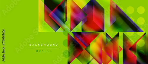 Bright geometric shapes overlap vibrant green backdrop. Modern design features translucent layers, creating dynamic visual effect.