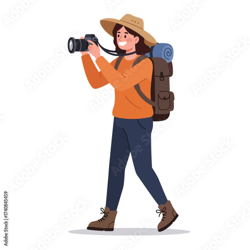 Adventurous person with camera capturing nature scenes during outdoor exploration illustration