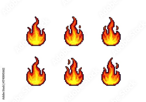 Set of Pixellated Flames Icons, Gaming Style Fire Elements on White Background