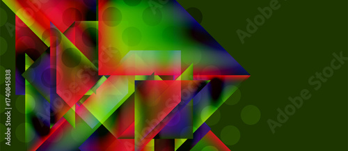Abstract colorful shapes overlap, creating vibrant geometric patterns. Green background provides contrast. Modern design elements present.