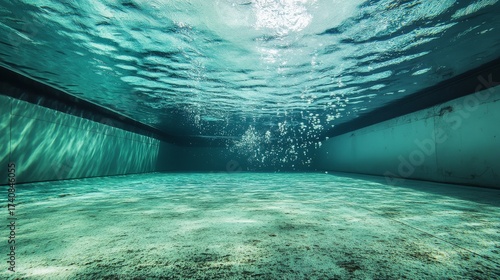 Wide-angle view of drained pool filled with clear water, distorted perspective through water surface, copy space at center with floating dust particles in blue-green hues.