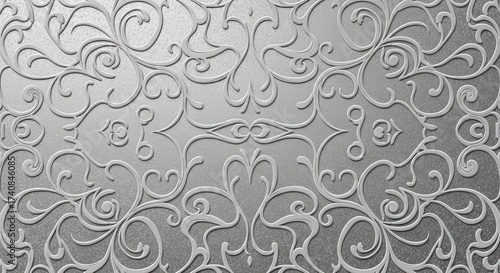 Silver Embossed Floral Pattern, Swirls, Decorative Elements on Textured Background