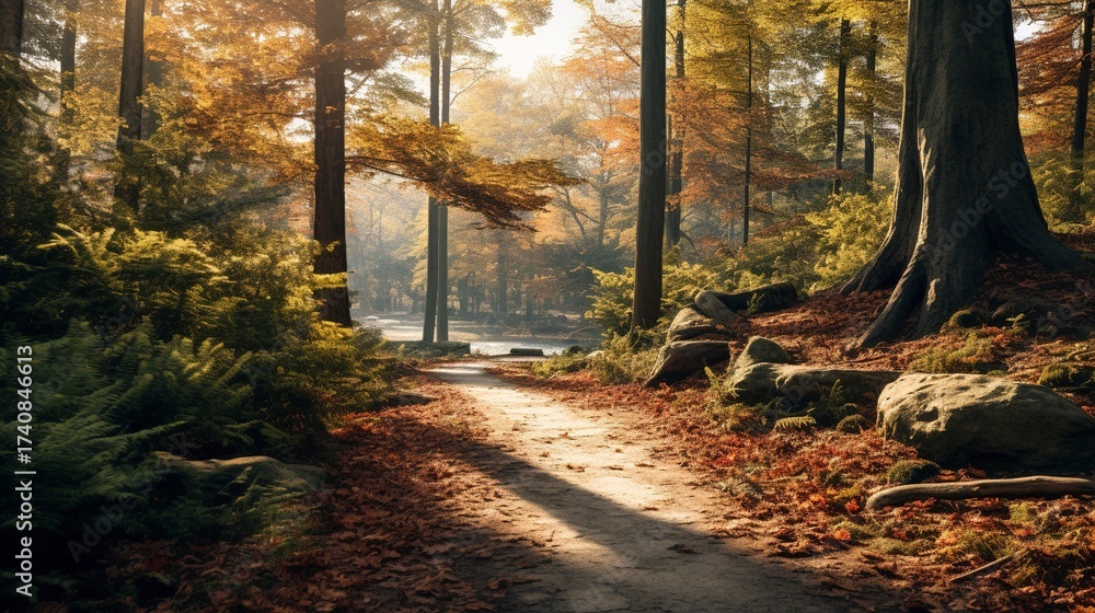 Fototapeta premium A photo of a peaceful forest path in the fall.