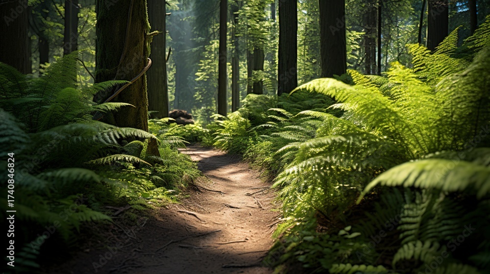 Fototapeta premium A photo of a peaceful forest path with tall ferns
