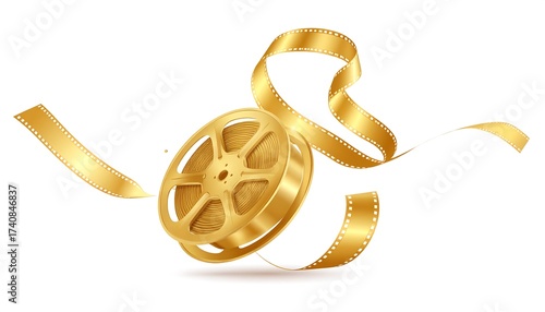 Golden Film Reel with Ribbon Vector Illustration on White Background