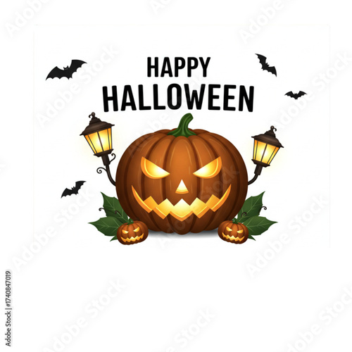 Spooky Halloween night scene with glowing jack o'lanterns, bats, and vintage streetlights creating a festive atmosphere