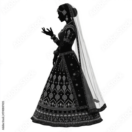 Ethereal Bride's Silhouette: The silhouette of a bride in ornate wedding attire, a veil gracefully flowing, embodies tradition and elegance. This image speaks of love and cultural richness.