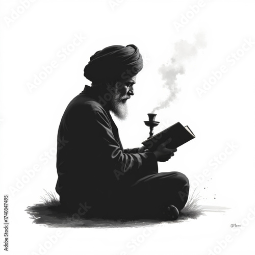The Revered Scholar: A wise scholar with a full beard and a traditional turban is immersed in deep study.