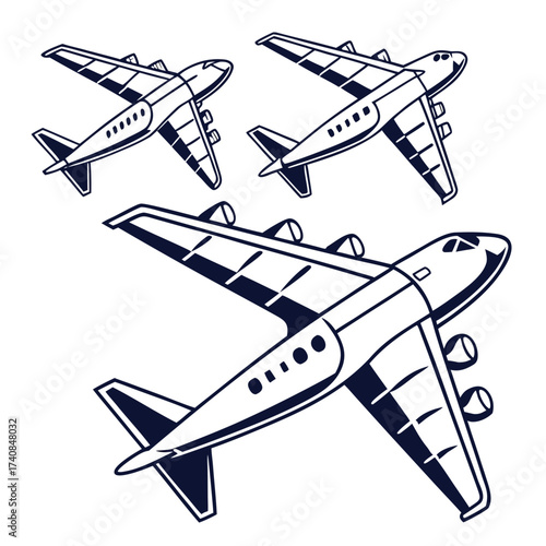 Illustration of three airplanes, showcasing different sizes and perspectives, perfect for aviationthemed designs and travel concepts