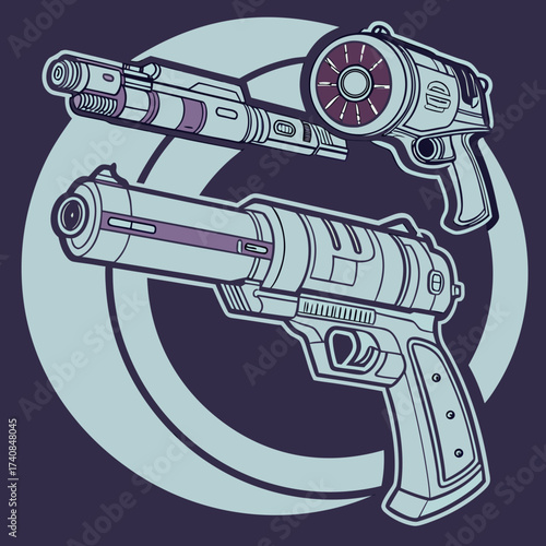 Illustration of two futuristic ray guns, creating a scene that evokes science fiction, space adventure, and advanced technology