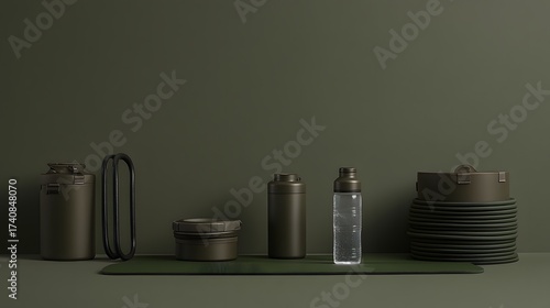 Minimalist sport kit with yoga mat and different containers in a monochromatic style